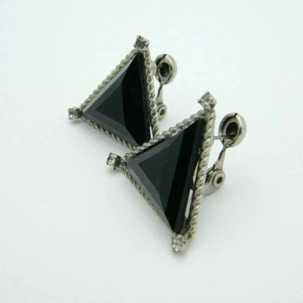 Black Faceted Triangle Clear Rhinestone Earrings